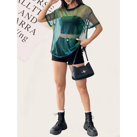 Women's Metallic Mesh Sheer Short Sleeve Rave T-Shirt Small Green Stylish - Picture 3 of 6